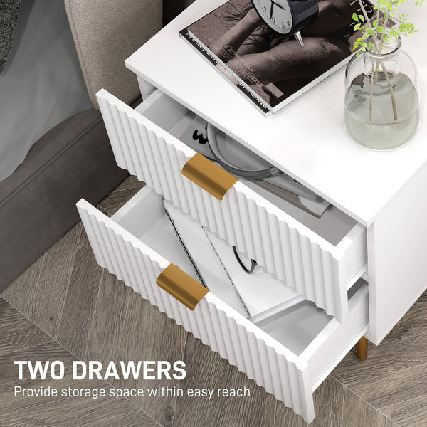 Table de chevet moderne avec 2 tiroirs, pieds en métal pour salon, chambre, blanc