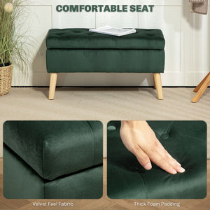 Pouf de rangement avec couvercle rembourré en velours et pieds en bois, vert foncé