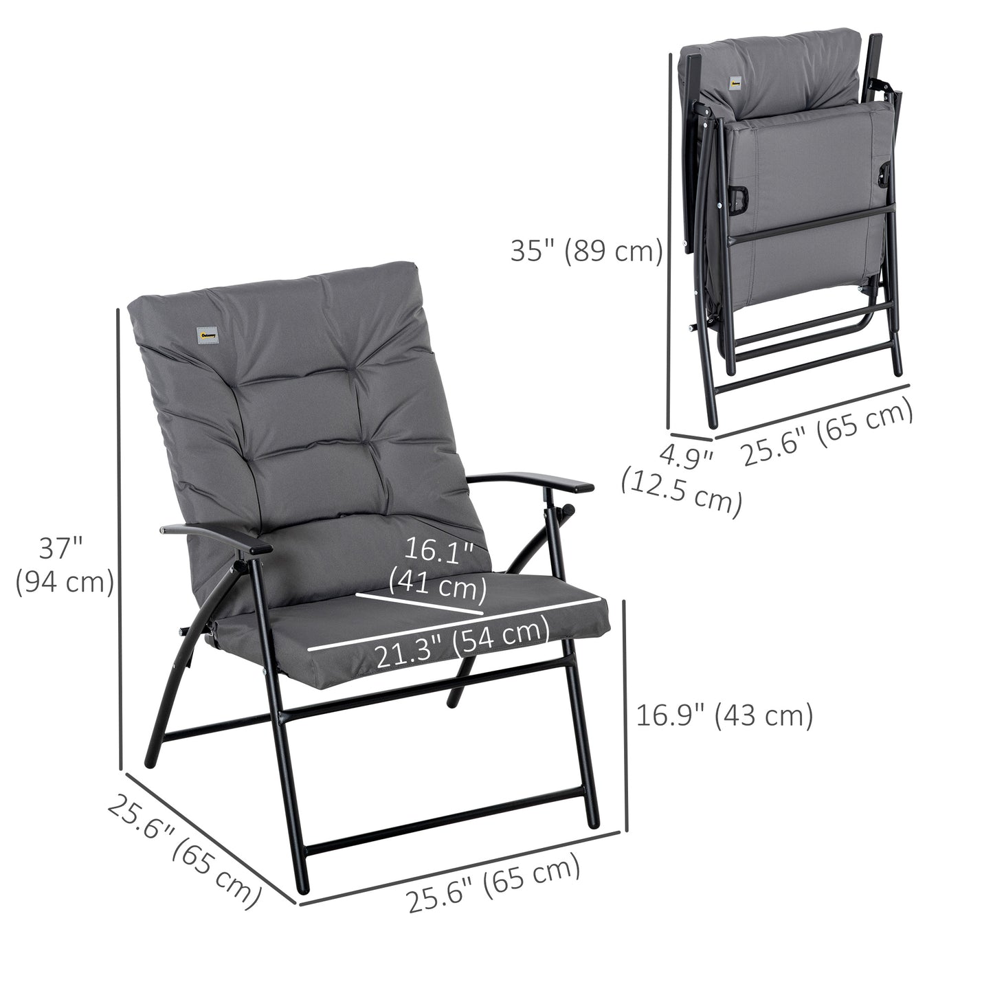 Chaise pliable inclinable en tissu avec accoudoirs, structure en métal, gris