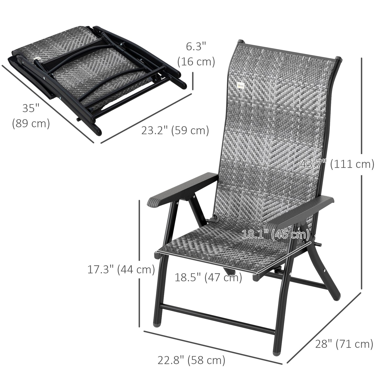 Lot de 2 chaises pliantes d'extérieur en osier avec dossier réglable, gris mélangé