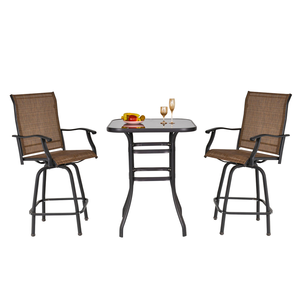 Ensemble de bar d'extérieur 3 pièces avec 2 tabourets pivotants et 1 table de bar, couleur marron