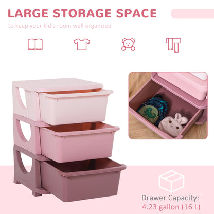 Organiseur de jouets pour enfants à 3 tiroirs en plastique, rose