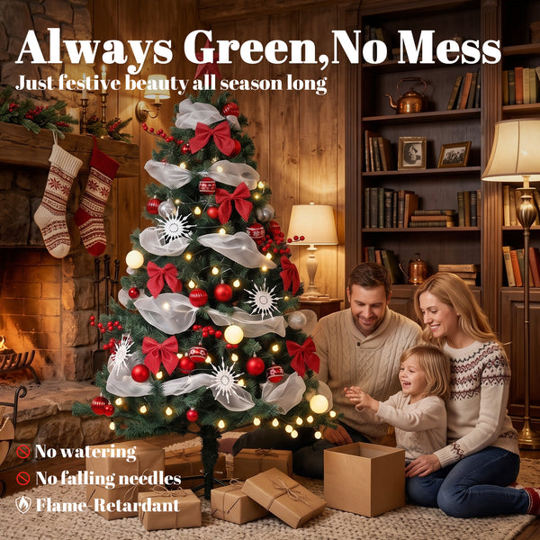 5ft Prelit Christmas Tree Spruce, Remote, Hinged, Artificial Xmas Tree with 8 Modes, 450 Tips, 150 LEDs, Green Red