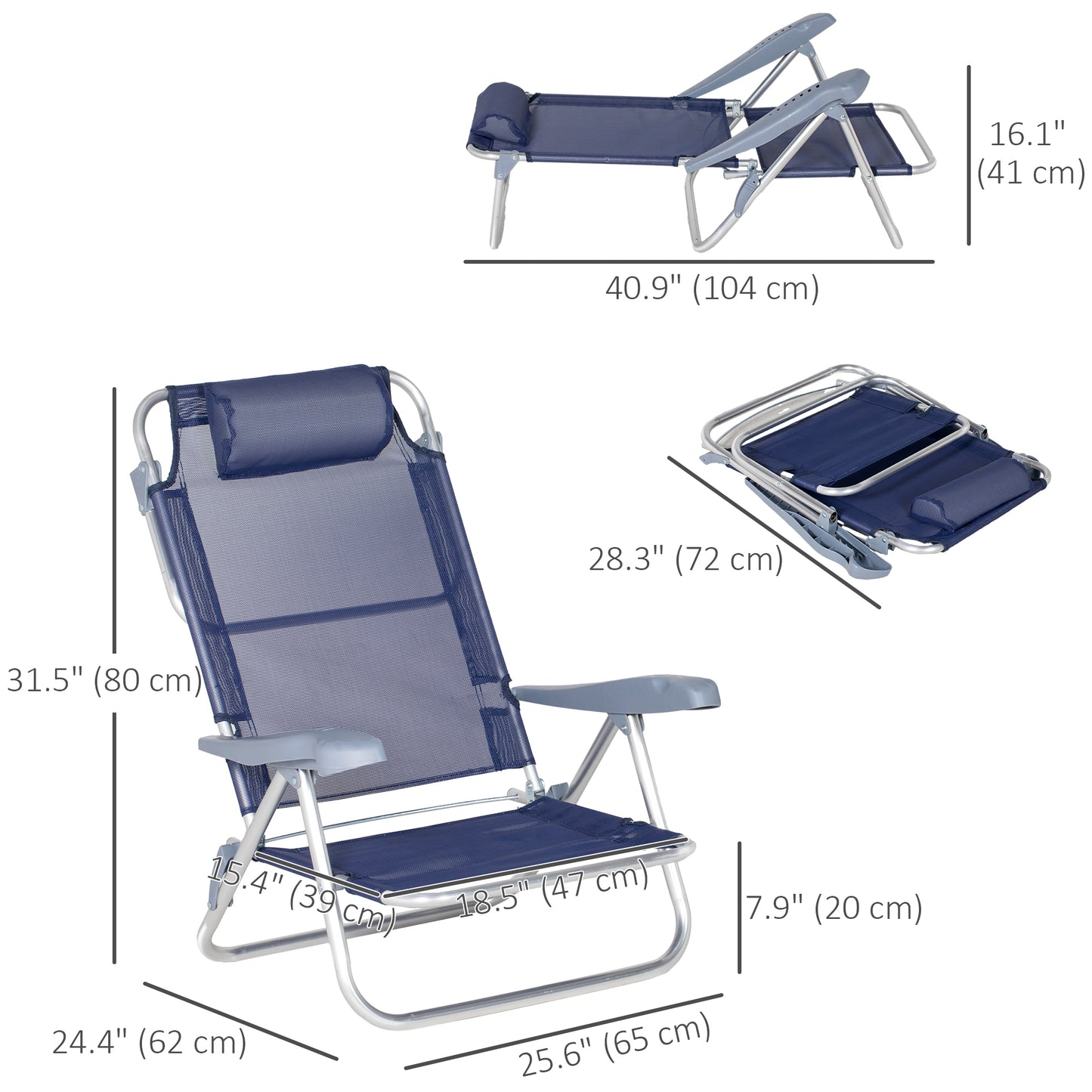 Lot de 2 chaises de plage, chaises de camping avec dossier et appui-tête réglables, bleu foncé