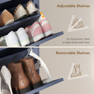 Shoe cabinet with 4 tip-out drawers, country style, narrow, holds up to 24 pairs, blue