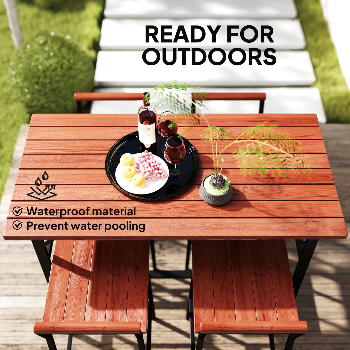 Ensemble de bar Outsunny 5 pièces avec table de 119 cm et 4 tabourets de bar, pour jardin, balcon, véranda, piscine, pelouse, marron