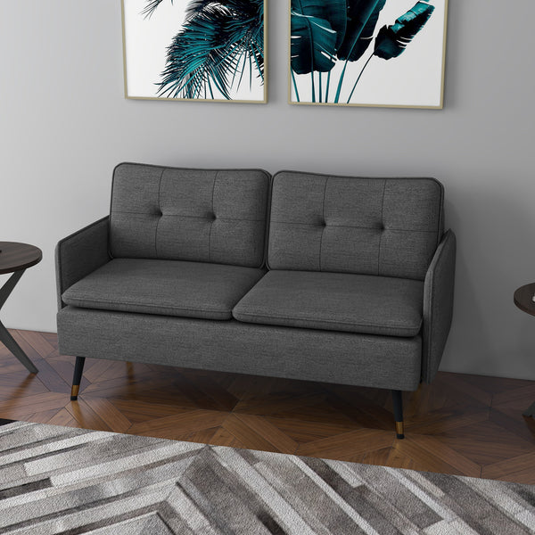 Canapé causeuse moderne en tissu avec dossier capitonné et pieds en acier, gris foncé