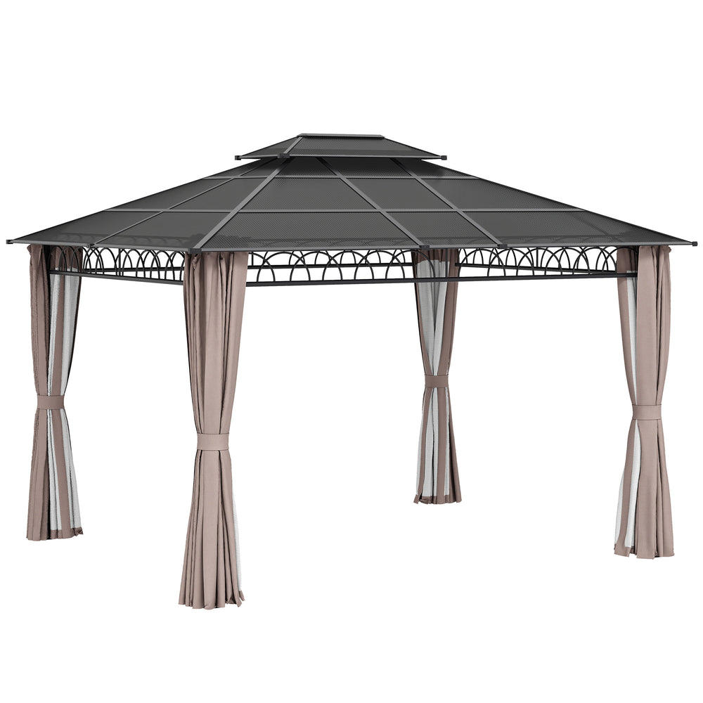 10' x 12' Outdoor Gazebo Canopy, Double Roof Hardtop Gazebo with Polycarbonate Roof, Steel Frame, Nettings and Curtains, for Garden, Lawn, Backyard and Deck, Khaki