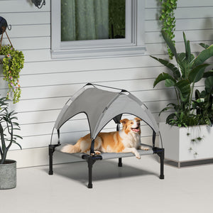 Elevated dog bed with breathable mesh canopy, light gray