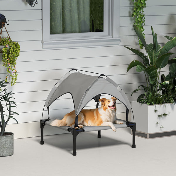 Elevated dog bed with breathable mesh canopy, light gray