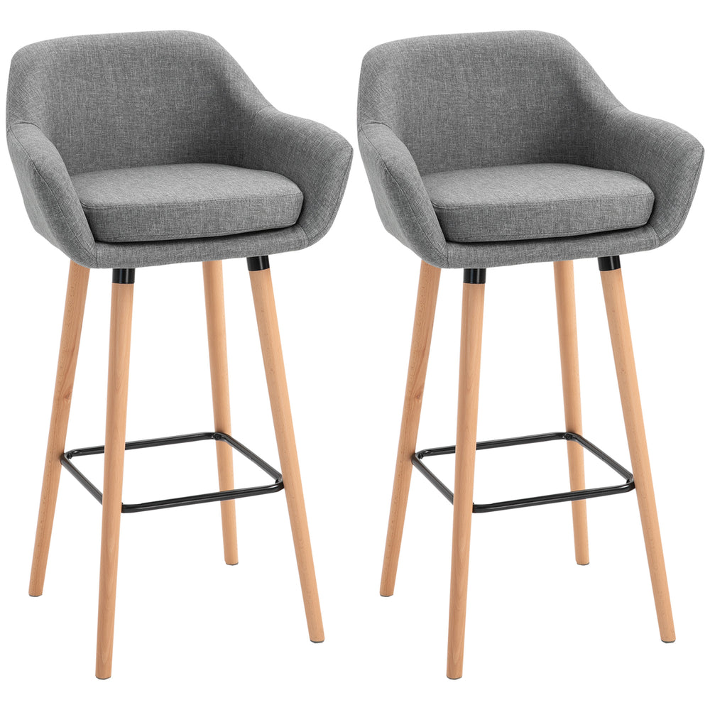 Lot de 2 tabourets de bar modernes rembourrés en tissu avec structure en métal et pieds en bois massif, Gris