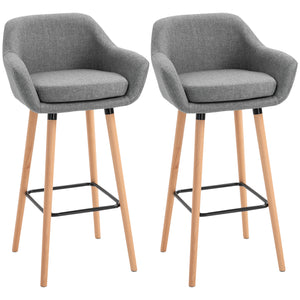 Lot de 2 tabourets de bar modernes rembourrés en tissu avec structure en métal et pieds en bois massif, Gris