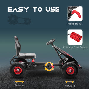 Kart à pédales pour enfants, avec siège ergonomique réglable, frein à main de sécurité, 5 à 12 ans, rouge