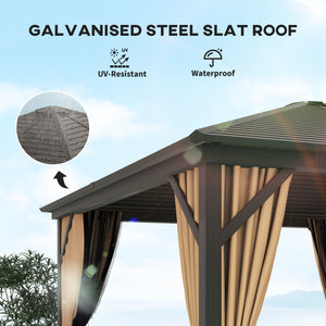 Gazebo 10' x 10' à toit rigide en aluminium avec moustiquaire, rideaux et crochet de suspension, marron