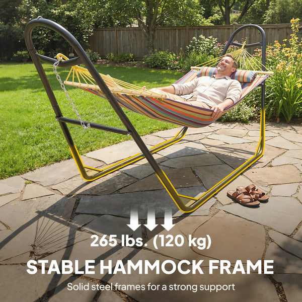 Hammock with Stand, Heavy Duty Camping Hammock with Detachable Pillow and Spreader Bar, 264 lbs Capacity, Multicolor