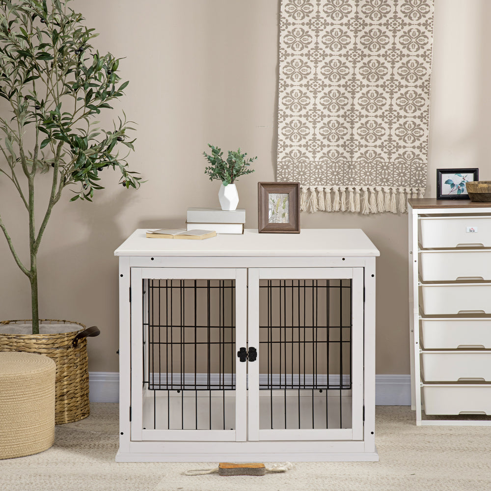 26" Wooden Dog Cage with Double Door Entrance & Simple Modern Design, White