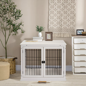 26" Wooden Dog Cage with Double Door Entrance & Simple Modern Design, White