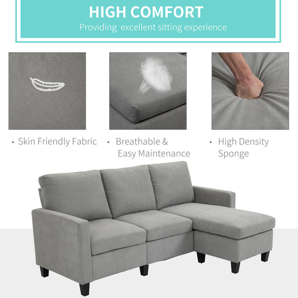 L-shaped corner sofa, modern sectional sofa with ottoman, light gray