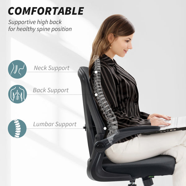Chaise de bureau en maille, pivotante avec soutien lombaire, hauteur réglable, accoudoirs relevables, noire