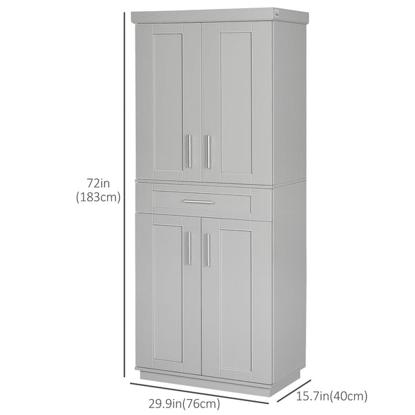 Garde-manger de 72 pouces avec 4 portes, tiroir et 3 étagères réglables, gris