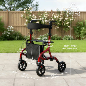 Déambulateur pliable avec siège pour seniors, léger à roulettes avec poignées réglables, rouge