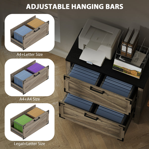Classeur à 2 tiroirs de style campagnard avec barres de suspension réglables pour format lettre, A4, légal, gris
