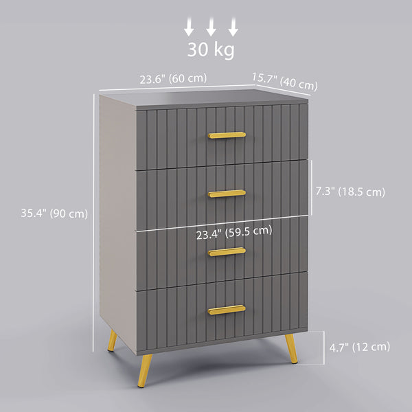 Chest of drawers with 4 drawers, aluminum legs and gold handles, dark grey.