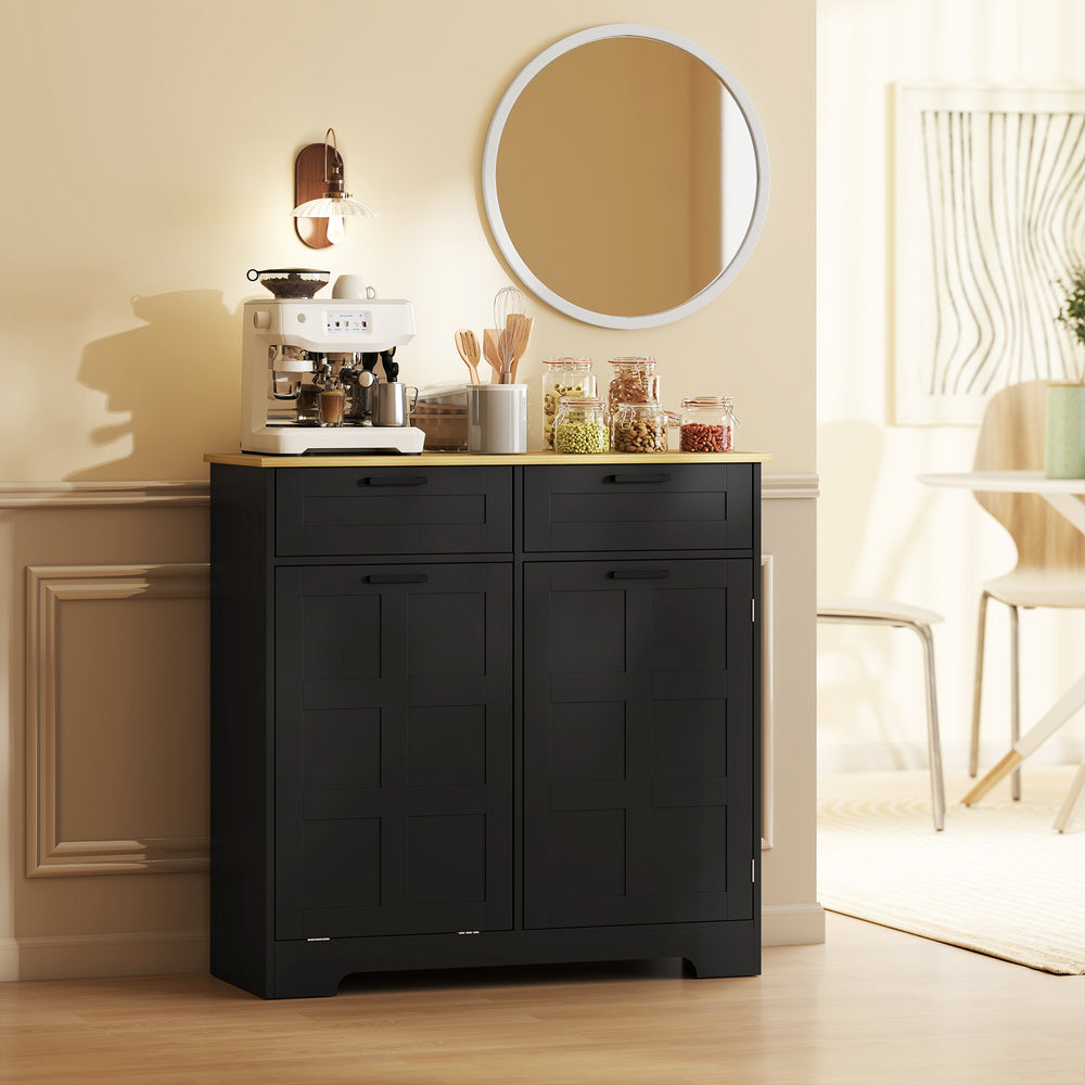 Armoire à poubelle basculante 13 gallons avec 2 tiroirs, étagères de porte et étagères réglables, noire