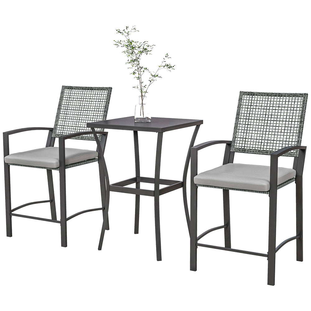 Ensemble table et chaises de bar en rotin 3 pièces avec coussins confortables

