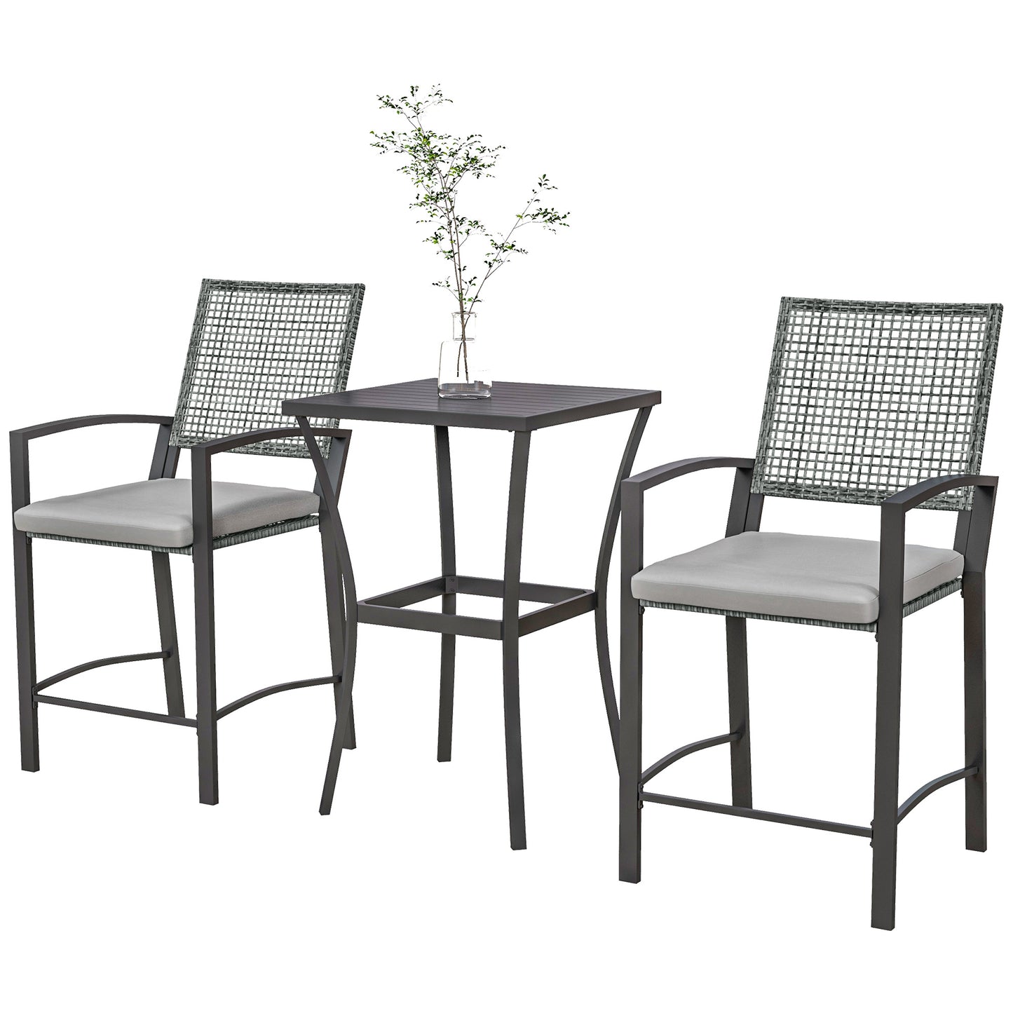 Ensemble table et chaises de bar en rotin 3 pièces avec coussins