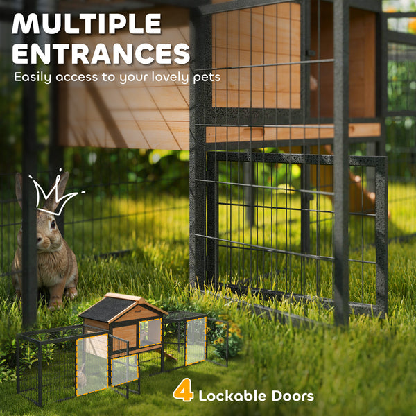 Outdoor hutch with run, removable plastic tray, asphalt roof and access ramp