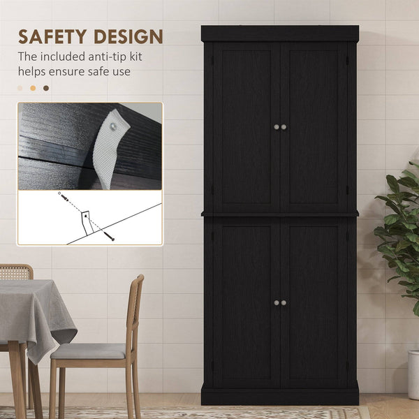 Armoire de cuisine autoportante 72,5 po avec 4 portes, noire