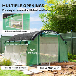 Heated tunnel greenhouse with shade netting, roll-up mesh side panels, green