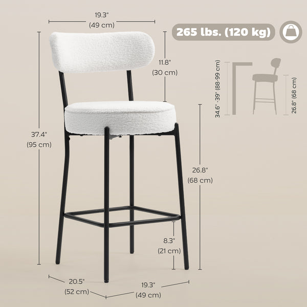 Set of 2 bar stools with backrest and footrest, cream white