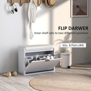 Banc d'entrée avec assise rembourrée et tiroirs rabattables, capacité de charge jusqu'à 120 kg, rangement pour 6 paires de chaussures, blanc
