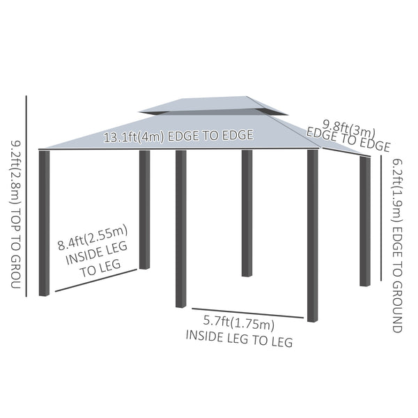 13'L x 10'W x 8.7'H Patio Gazebo Outdoor 2-Tiers Garden Canopy Yard Sunshade Shelter with Curtains, Grey