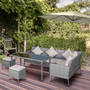 Ensemble de mobilier 5 pièces en résine tressée avec coussins, table et poufs, blanc crème