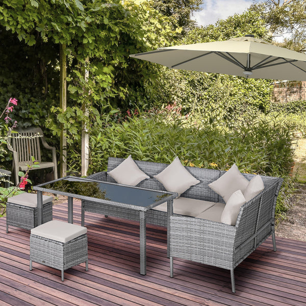 Ensemble de mobilier 5 pièces en résine tressée avec coussins, table et poufs, blanc crème