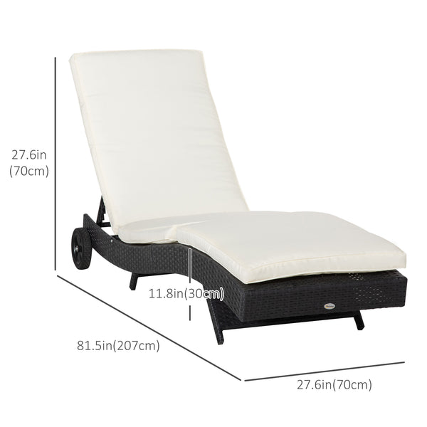 Outdoor Adjustable Wicker Chaise Lounge Chair with Cushion & Wheels for Patio, Deck, Poolside, Cream White