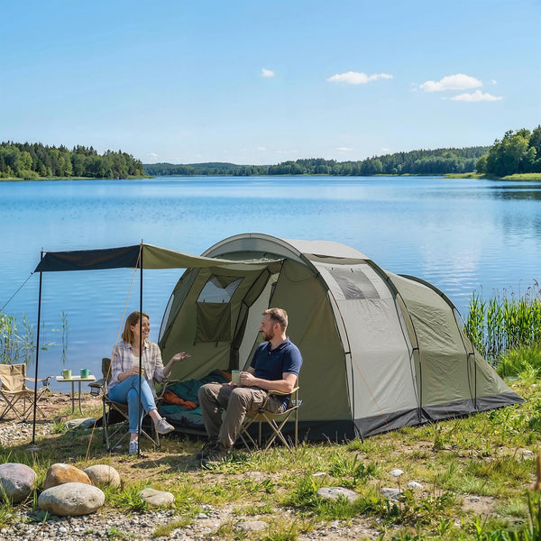 Camping Tent Waterproof Camping Tent with Two Rooms for 3-4 People, Green