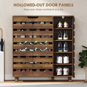 Shoe cabinet for 20 pairs of shoes with slatted doors, aged brown