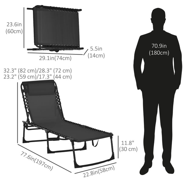 Chaise longue pliante d'extérieur, réglable sur 4 positions avec appui-tête, noire.