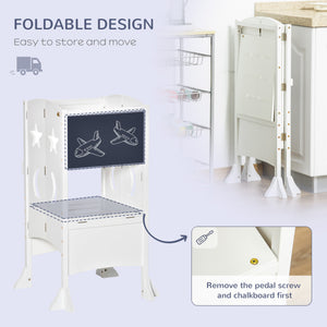Tabouret de cuisine pliable pour tout-petits avec tableau noir et rampe verrouillable, Blanc