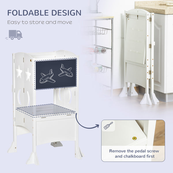 Tabouret de cuisine pliable pour tout-petits avec tableau noir et rampe verrouillable, Blanc