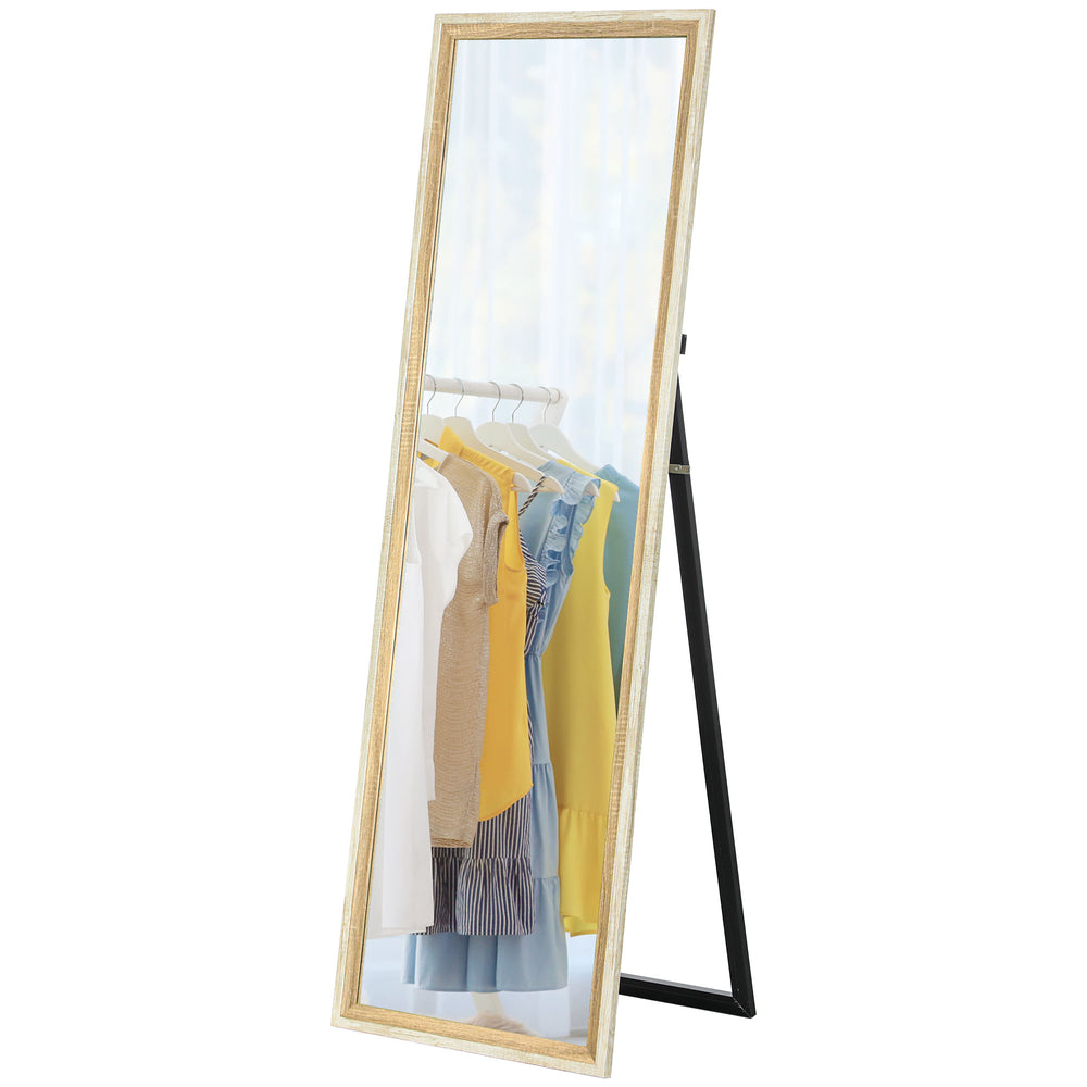 Miroir sur pied pleine longueur sur pied ou à poser avec cadre pour chambre, grain de bois foncé