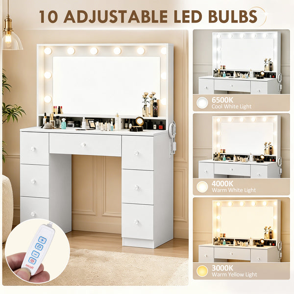Coiffeuse avec 10 lumières LED à intensité variable et station de recharge, blanche