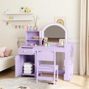 Coiffeuse pour enfant avec miroir LED bicolore, rangements et chaise, mauve