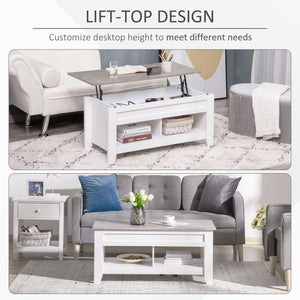 Table basse relevable avec compartiment de rangement dissimulé et étagères ouvertes, blanche