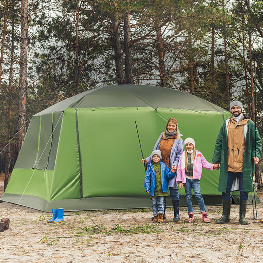 Outsunny Tunnel Tent with Porch, Two Rooms, Lamp Hook, Portable Carry Bag, Green