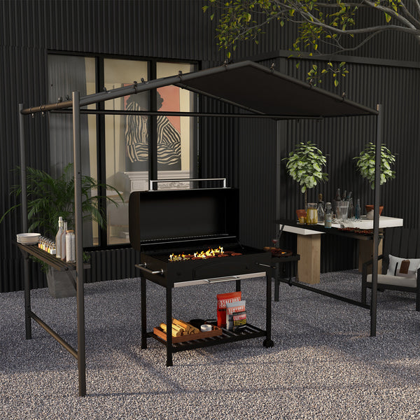 Outsunny 9' x 5' BBQ Grill Gazebo Tent, Garden Grill Canopy Outdoor Grill Shelter w/ Steel Frame and Serving Shelves, Dark Gray |